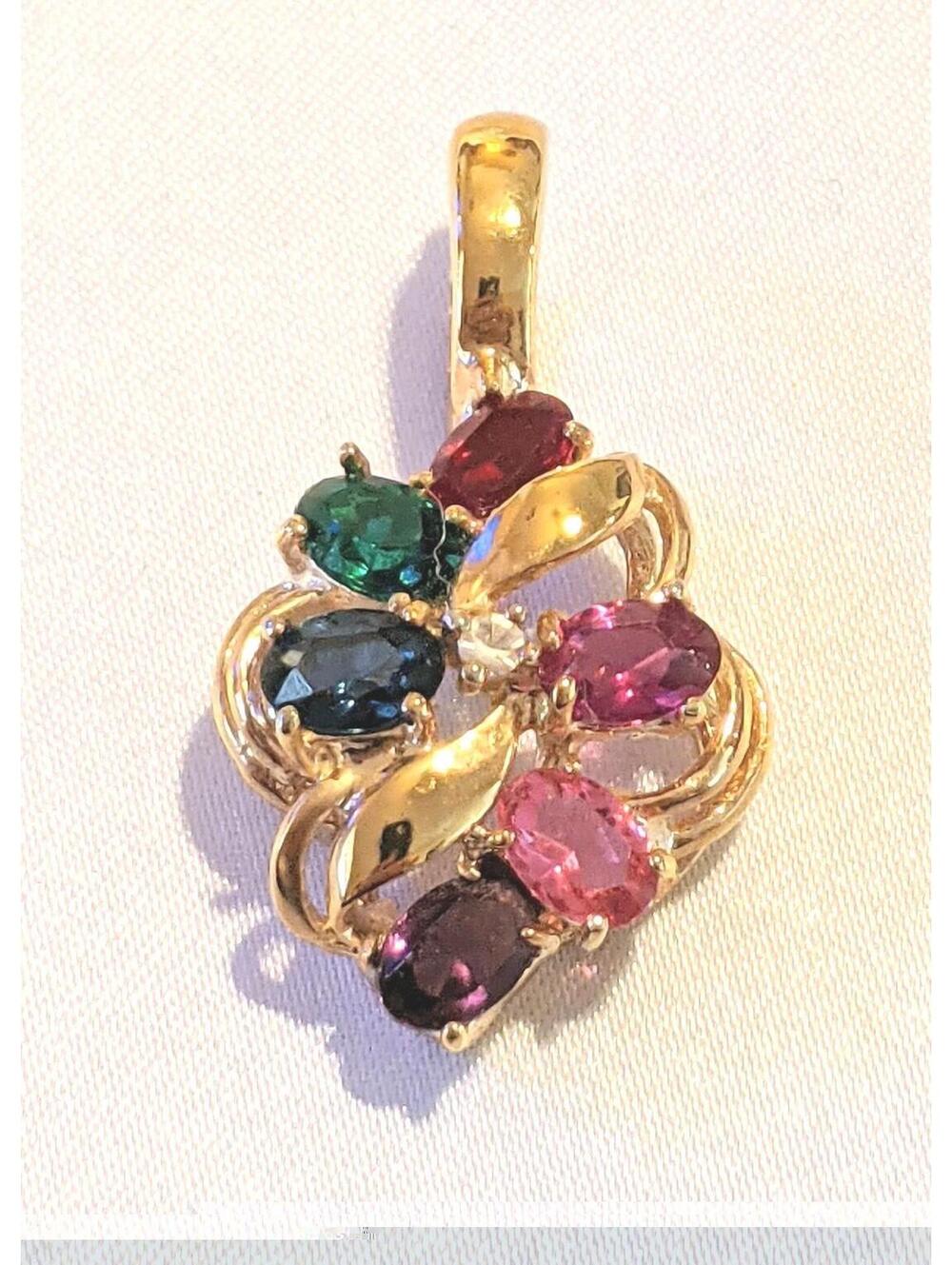 Multicolor Rhinestone Enhancer Pendant Charm Signed Roman Gold Tone Jewel Tone B